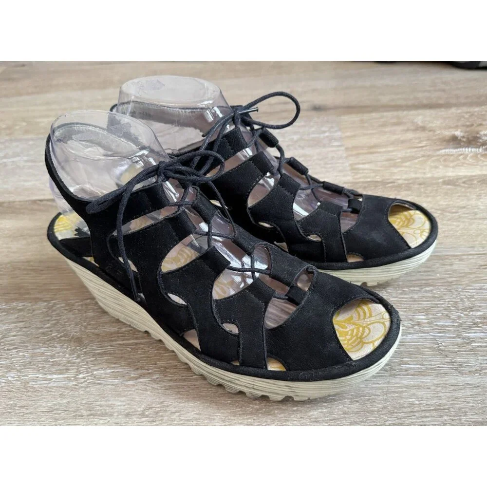 Fly London Yexa Black Leather Lace Up Gladiator Wedge Sandals Women’s 9 Summer